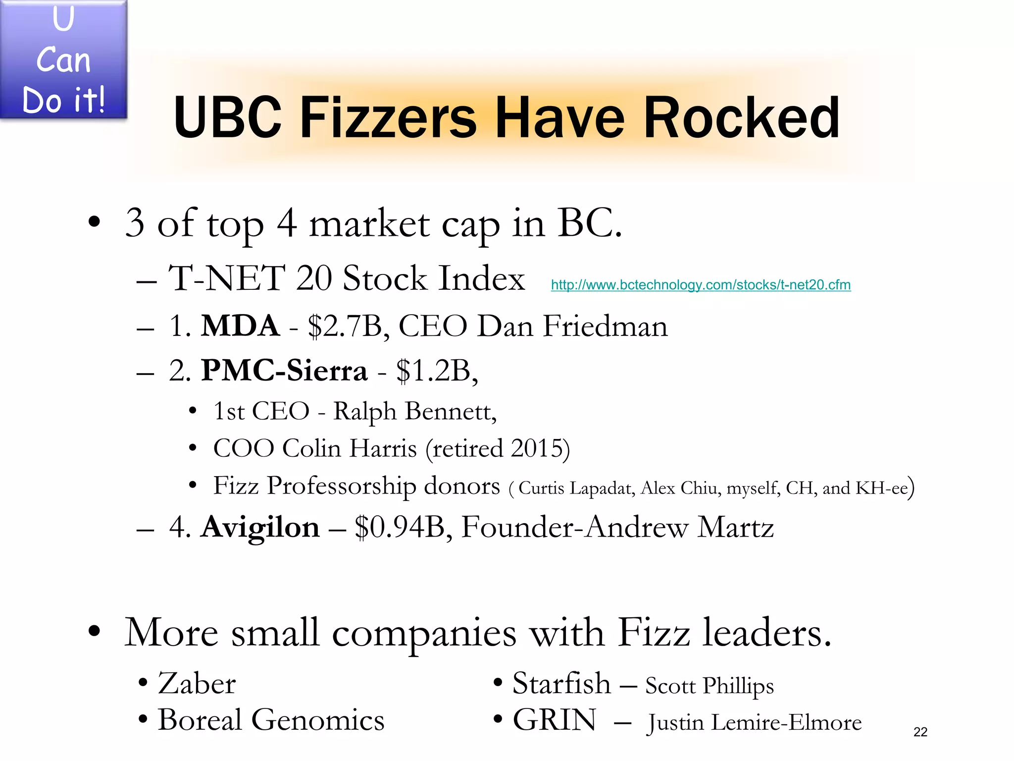 22
UBC Fizzers Have Rocked
• 3 of top 4 market cap in BC.
– T-NET 20 Stock Index
– 1. MDA - $2.7B, CEO Dan Friedman
– 2. PMC-Sierra - $1.2B,
• 1st CEO - Ralph Bennett,
• COO Colin Harris (retired 2015)
• Fizz Professorship donors ( Curtis Lapadat, Alex Chiu, myself, CH, and KH-ee)
– 4. Avigilon – $0.94B, Founder-Andrew Martz
• More small companies with Fizz leaders.
• Zaber • Starfish – Scott Phillips
• Boreal Genomics • GRIN – Justin Lemire-Elmore
http://www.bctechnology.com/stocks/t-net20.cfm
U
Can
Do it!
 