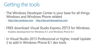 http://dev.windows.com http://dev.windowsphone.com
 