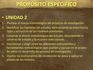 PROPÓSITO ESPECÍFICO

• UNIDAD 2
1. Plantear el marco metodológico del proyecto de investigación.
2. Identificar las hipótesis del estudio, mencionando la importancia,
   tipos y estructura de las hipótesis planteadas.
3. Construir el diseño metodológico del estudio, describiendo el
   universo de estudio y la muestra seleccionada.
4. Discriminar y elegir entre los diferentes instrumentos y
   herramientas metodológicas que auxilian y apoyan en el acopio
   de datos en desarrollo del proceso de investigación.
5. Diseñar los instrumentos de recolección de datos y aplicar el
   piloteo de los mismos.
 