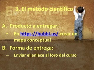 3. El método científico

A. Producto a entregar:
 •   En https://bubbl.us/ crear un
     mapa conceptual
B. Forma de entrega:
 –   Enviar el enlace al foro del curso
 