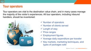 Adventure Tourism I www.adventuretourism.eu
Tour operators
Tour operators are vital to the destination value chain, and in many cases manage
the majority of the visitor’s experiences. All tour operators, including inbound
handlers, should be inventoried:
1.2.
 Number of operators
 Number of clients served
 Length of stay
 Price ranges
 Employment figures
 Average daily expenditure per traveler
 Key markets, marketing techniques, and
types of packages sold
 