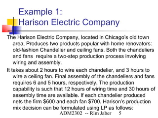Example 1:
     Harison Electric Company
The Harison Electric Company, located in Chicago’s old town
    area, Produces two products popular with home renovators:
    old-fashion Chandelier and ceiling fans. Both the chandeliers
    and fans require a two-step production process involving
    wiring and assembly.
It takes about 2 hours to wire each chandelier, and 3 hours to
    wire a ceiling fan. Final assembly of the chandeliers and fans
    requires 6 and 5 hours, respectively. The production
    capability is such that 12 hours of wiring time and 30 hours of
    assembly time are available. If each chandelier produced
    nets the firm $600 and each fan $700. Harison’s production
    mix decision can be formulated using LP as follows:
                          ADM2302 -- Rim Jaber 5
 