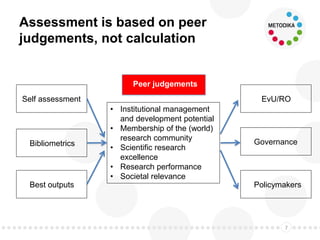 Assessment is based on peer
judgements, not calculation
7
Self assessment
Bibliometrics
Best outputs
• Institutional management
and development potential
• Membership of the (world)
research community
• Scientific research
excellence
• Research performance
• Societal relevance
EvU/RO
Governance
Policymakers
Peer judgements
 