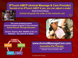 IPTouch AMCP (Animal Massage & Care Provider) ‘Secrets of an IPTouch AMCP & yes, you can adjust a snake’Small Animal Based        Animal will guide the order of this manual’s use.  1 The most amazing animal communication program in the universe!  Animal Rescue Through Education Canine, Equine, Bird, Wildlife & ALL In-Between. On Land Or In Water. www.AnimalMassageCare.comInnovative Pet Therapy  Licensed, Insured, Animal Handler’s Permit Copyright  Library of Congress 1998 Innovative Pet Therapy 