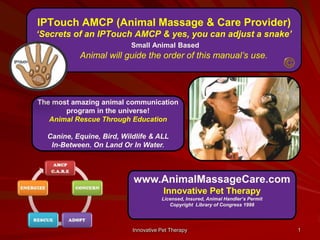 IPTouch AMCP (Animal Massage & Care Provider) ‘Secrets of an IPTouch AMCP & yes, you can adjust a snake’Small Animal Based        Animal will guide the order of this manual’s use.  1 The most amazing animal communication program in the universe!  Animal Rescue Through Education Canine, Equine, Bird, Wildlife & ALL  In-Between. On Land Or In Water. www.AnimalMassageCare.comInnovative Pet Therapy  Licensed, Insured, Animal Handler’s Permit Copyright  Library of Congress 1998 Innovative Pet Therapy 