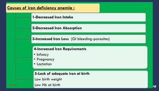Causes of iron deficiency anemia :
1-Decreased Iron Intake
2-Decreased Iron Absorption
3-Increased Iron Loss (GI bleeding-parasites)
4-Increased Iron Requirements
• Infancy
• Pregnancy
• Lactation
5-Lack of adequate iron at birth
Low birth weight
Low Hb at birth6/8/2020
4
 
