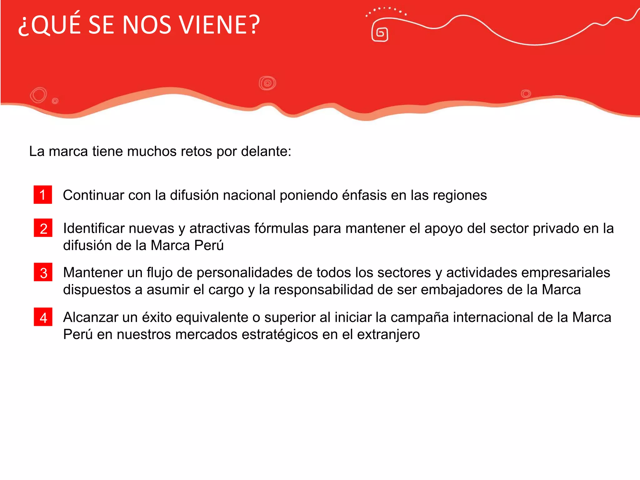 Publicidad Marca País
¿QUÉ SE NOS VIENE?
La marca tiene muchos retos por delante:
1 Continuar con la difusión nacional poniendo énfasis en las regiones
2 Identificar nuevas y atractivas fórmulas para mantener el apoyo del sector privado en la
difusión de la Marca Perú
3 Mantener un flujo de personalidades de todos los sectores y actividades empresariales
dispuestos a asumir el cargo y la responsabilidad de ser embajadores de la Marca
4 Alcanzar un éxito equivalente o superior al iniciar la campaña internacional de la Marca
Perú en nuestros mercados estratégicos en el extranjero
 
