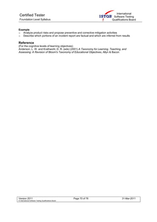 Certif
Founda
Version 2
© Internationa
Example
o Anal
o Desc
Refere
(For the
Anderso
Assessin
fied Teste
ation Level Sy
2011
al Software Testing Q
e
lyze product
cribe which p
ence
cognitive lev
on, L. W. and
ng: A Revisio
er
yllabus
Qualifications Board
risks and pr
portions of an
vels of learni
Krathwohl,
on of Bloom's
opose preve
n incident re
ng objectives
D. R. (eds) (
s Taxonomy
Page 70 of
entive and co
port are fact
s)
2001) A Tax
y of Education
78
orrective mitig
ual and whic
xonomy for L
nal Objective
Q
gation activit
ch are inferre
earning, Tea
es, Allyn & B
Internatio
Software Te
Qualifications
31-Ma
ties
ed from resul
aching, and
acon
nal
esting
s Board
ar-2011
ts
 