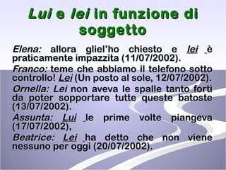 Lui  e  lei  in funzione di soggetto Elena:  allora gliel’ho chiesto e  lei   è praticamente impazzita (11/07/2002). Franco:  teme che abbiamo il telefono sotto controllo!  Lei  (Un posto al sole, 12/07/2002). Ornella: Lei  non aveva le spalle tanto forti da poter sopportare tutte queste batoste (13/07/2002). Assunta:  Lui   le prime volte piangeva (17/07/2002), Beatrice:   Lei   ha detto che non viene nessuno per oggi (20/07/2002). 