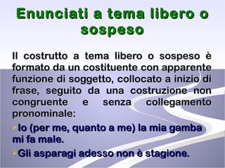 Enunciati a tema libero o sospeso Il costrutto a tema libero o sospeso è formato da un costituente con apparente funzione di soggetto, collocato a inizio di frase, seguito da una costruzione non congruente e senza collegamento pronominale: Io (per me, quanto a me) la mia gamba mi fa male. Gli asparagi adesso non è stagione. 