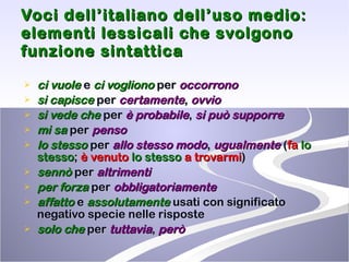 Voci dell’italiano dell’uso medio: elementi lessicali che svolgono funzione sintattica ci vuole   e  ci vogliono  per  occorrono si capisce  per  certamente ,  ovvio si vede che  per  è probabile ,  si può supporre mi sa  per  penso lo stesso  per  allo stesso modo ,  ugualmente  ( fa  lo stesso ;  è venuto  lo stesso  a trovarmi ) sennò  per  altrimenti per forza  per  obbligatoriamente affatto  e  assolutamente  usati con significato negativo specie nelle risposte solo che  per  tuttavia ,  però 