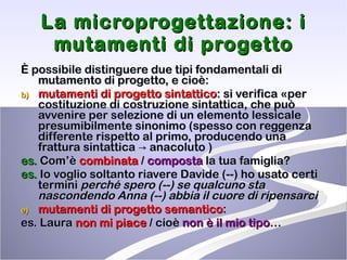 La microprogettazione: i mutamenti di progetto È possibile distinguere due tipi fondamentali di mutamento di progetto, e cioè: mutamenti di progetto sintattico : si verifica «per costituzione di costruzione sintattica, che può avvenire per selezione di un elemento lessicale presumibilmente sinonimo (spesso con reggenza differente rispetto al primo, producendo una frattura sintattica -> anacoluto ) es.  Com’è  combinata  /  composta  la tua famiglia? es.  Io voglio soltanto riavere Davide (--) ho usato certi termini  perché spero (--) se qualcuno sta nascondendo Anna (--) abbia il cuore di ripensarci   mutamenti di progetto semantico : es. Laura  non mi piace  / cioè  non è il mio tipo … 