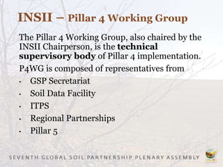 The Pillar 4 Working Group, also chaired by the
INSII Chairperson, is the technical
supervisory body of Pillar 4 implementation.
P4WG is composed of representatives from
• GSP Secretariat
• Soil Data Facility
• ITPS
• Regional Partnerships
• Pillar 5
INSII – Pillar 4 Working Group
 
