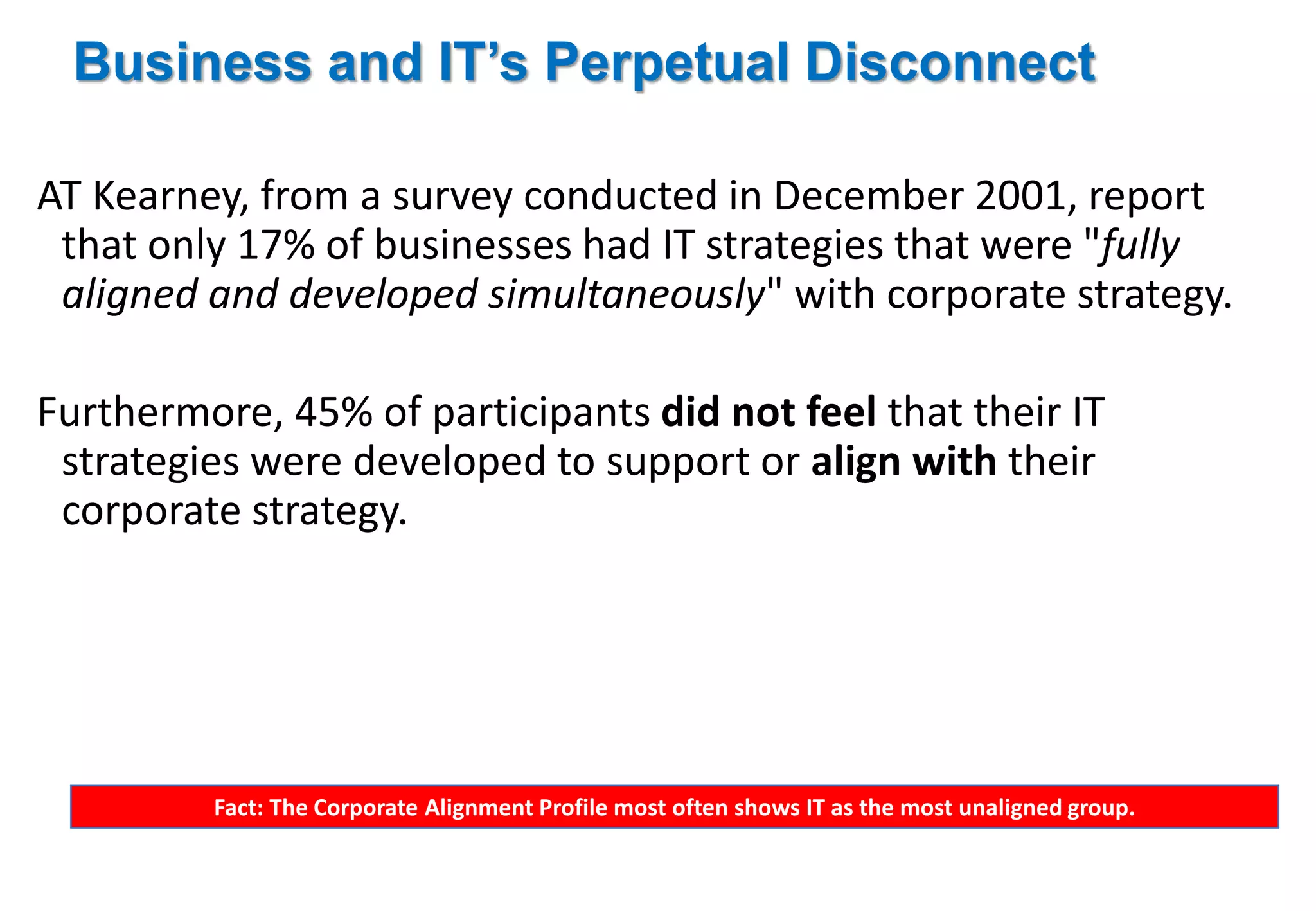 Business and IT’s Perpetual Disconnect 
AT Kearney, from a survey conducted in December 2001, report 
that only 17% of businesses had IT strategies that were "fully 
aligned and developed simultaneously" with corporate strategy. 
Furthermore, 45% of participants did not feel that their IT 
strategies were developed to support or align with their 
corporate strategy. 
Fact: The Corporate Alignment Profile most often shows IT as the most unaligned group. 
 