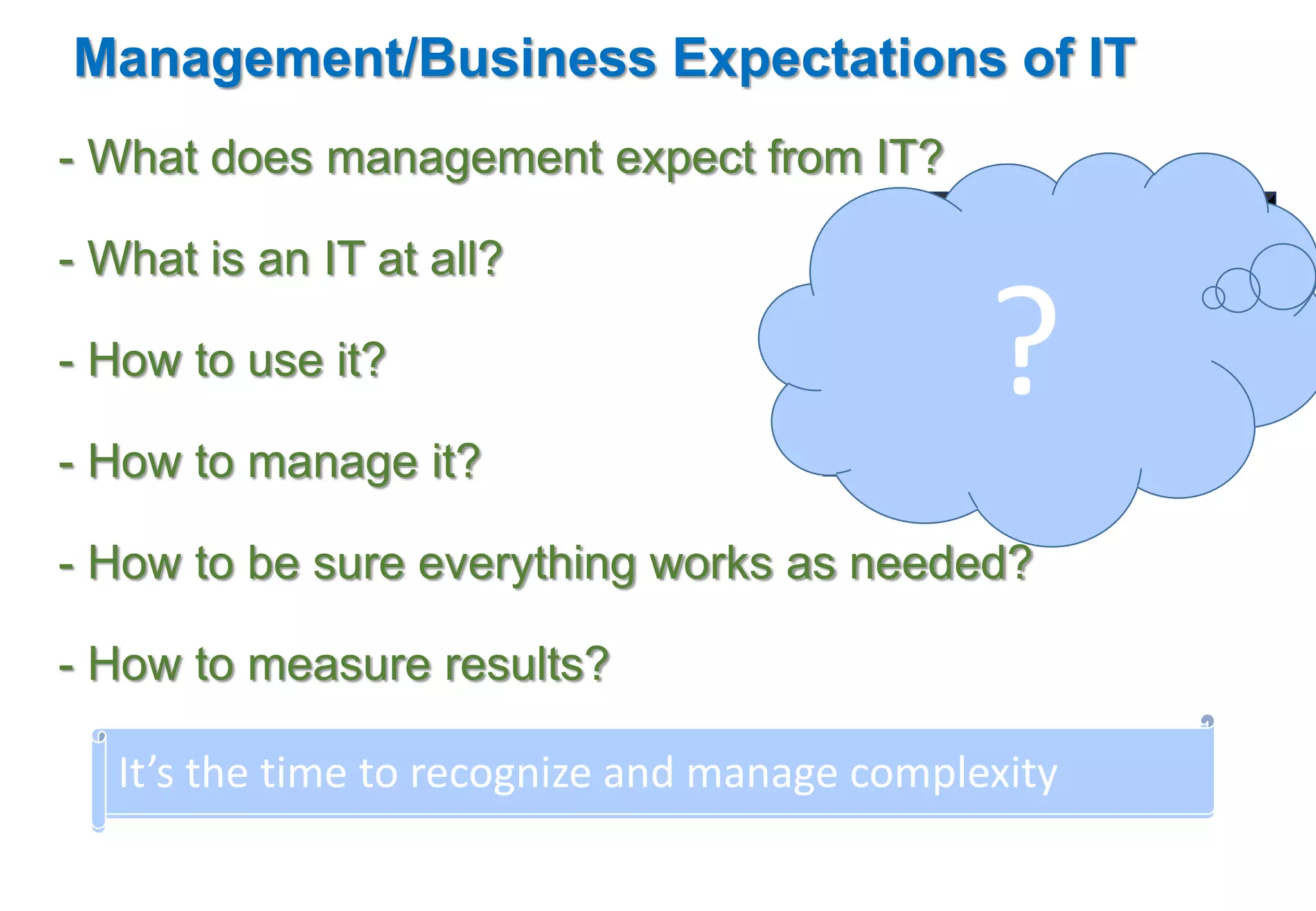 Management/Business Expectations of IT 
- What does management expect from IT? 
? 
Information 
Technologies 
- What is an IT at all? 
- How to use it? 
- How to manage it? 
- How to be sure everything works as needed? 
- How to measure results? 
It’s the time to recognize and manage complexity 
It’s the time to open “Black Box” … 
 