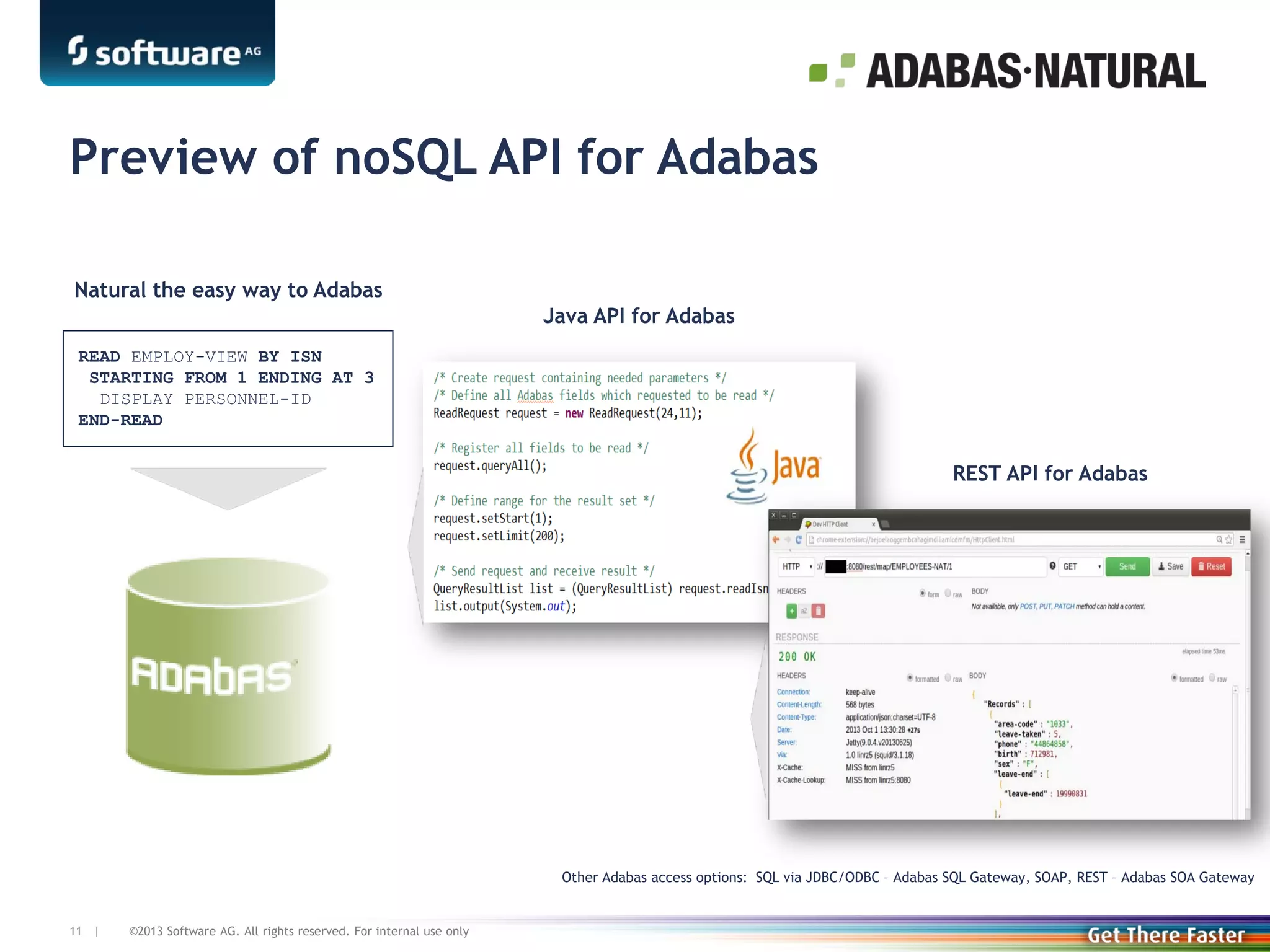 Preview of noSQL API for Adabas
Natural the easy way to Adabas

Java API for Adabas

READ EMPLOY-VIEW BY ISN
STARTING FROM 1 ENDING AT 3
DISPLAY PERSONNEL-ID
END-READ

REST API for Adabas

Other Adabas access options: SQL via JDBC/ODBC – Adabas SQL Gateway, SOAP, REST – Adabas SOA Gateway

11 |

©2013 Software AG. All rights reserved. For internal use only

 