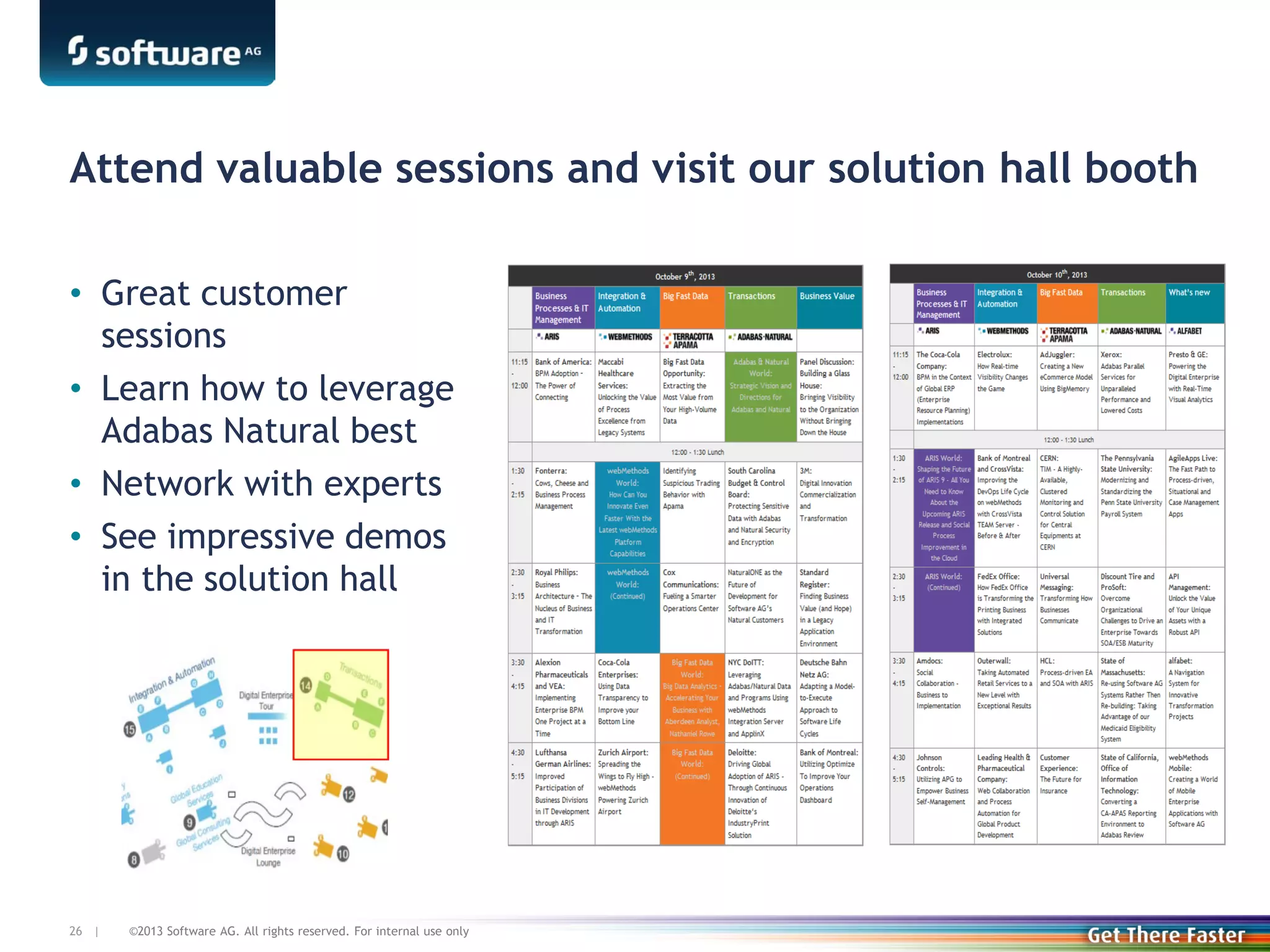 Attend valuable sessions and visit our solution hall booth
• Great customer
sessions
• Learn how to leverage
Adabas Natural best
• Network with experts
• See impressive demos
in the solution hall

26 |

©2013 Software AG. All rights reserved. For internal use only

 