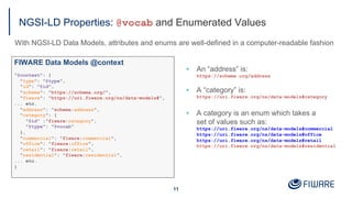 NGSI-LD Properties: @vocab and Enumerated Values
▪ An “address” is:
https://schema.org/address
▪ A “category” is:
https://...
