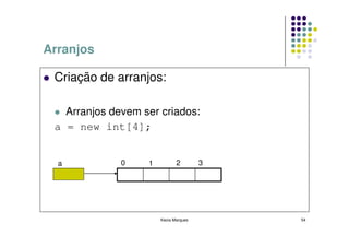 Arranjos

 Criação de arranjos:

   Arranjos devem ser criados:
 a = new int[4];


  a           0    1          2        3




                       Kecia Marques       54
 
