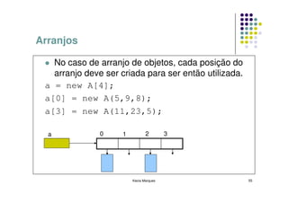 Arranjos

   No caso de arranjo de objetos, cada posição do
   arranjo deve ser criada para ser então utilizada.
 a = new A[4];
 a[0] = new A(5,9,8);
 a[3] = new A(11,23,5);

  a            0     1          2        3




                         Kecia Marques                 55
 
