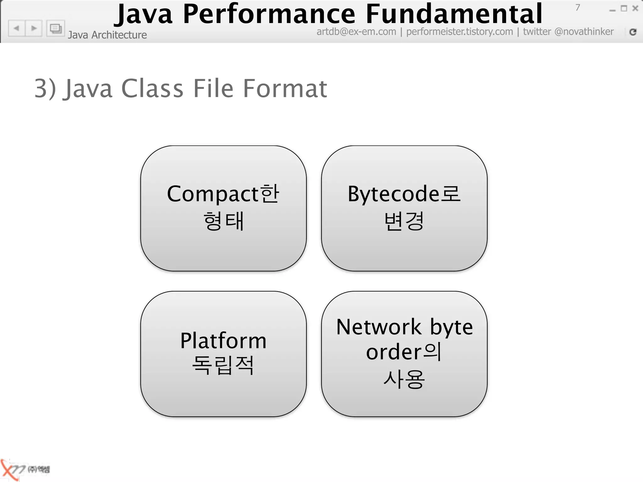 Java Performance Fundamental
               Java Performance Fundamental
                                                                                          7

                                 artdb@ex-em.com | performeister.tistory.com | twitter @novathinker
  Java Architecture




3) Java Class File Format



                      Compact          Bytecode




                                     Network byte
                      Platform
                                       order
 