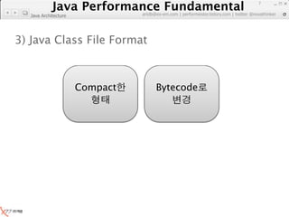 Java Performance Fundamental
               Java Performance Fundamental
                                                                                         7

                                artdb@ex-em.com | performeister.tistory.com | twitter @novathinker
  Java Architecture




3) Java Class File Format



                      Compact         Bytecode
 