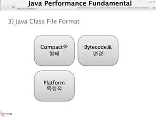 Java Performance Fundamental
               Java Performance Fundamental
                                                                                          7

                                 artdb@ex-em.com | performeister.tistory.com | twitter @novathinker
  Java Architecture




3) Java Class File Format



                      Compact          Bytecode




                      Platform
 