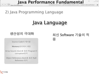 Java Performance Fundamental
                  Java Performance Fundamental
                                                                                             6

                                    artdb@ex-em.com | performeister.tistory.com | twitter @novathinker
     Java Architecture



2) Java Programming Language

                             Java Language

                                                    Software
       Source Code

       Memory

Array bound check        Program
          corruption

Object Reference check       Null
          Reference
 