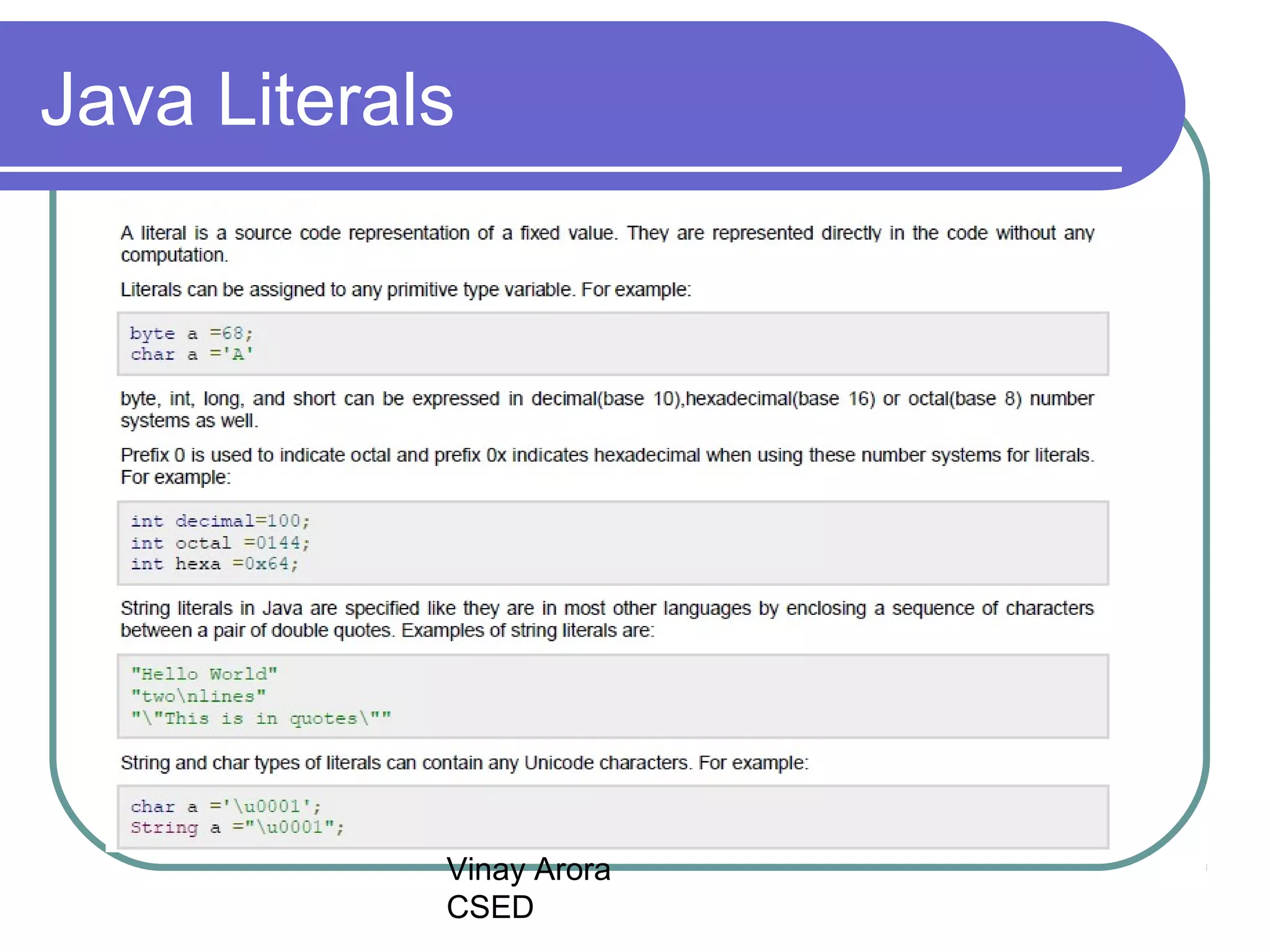 Vinay Arora
CSED
Java Literals
 