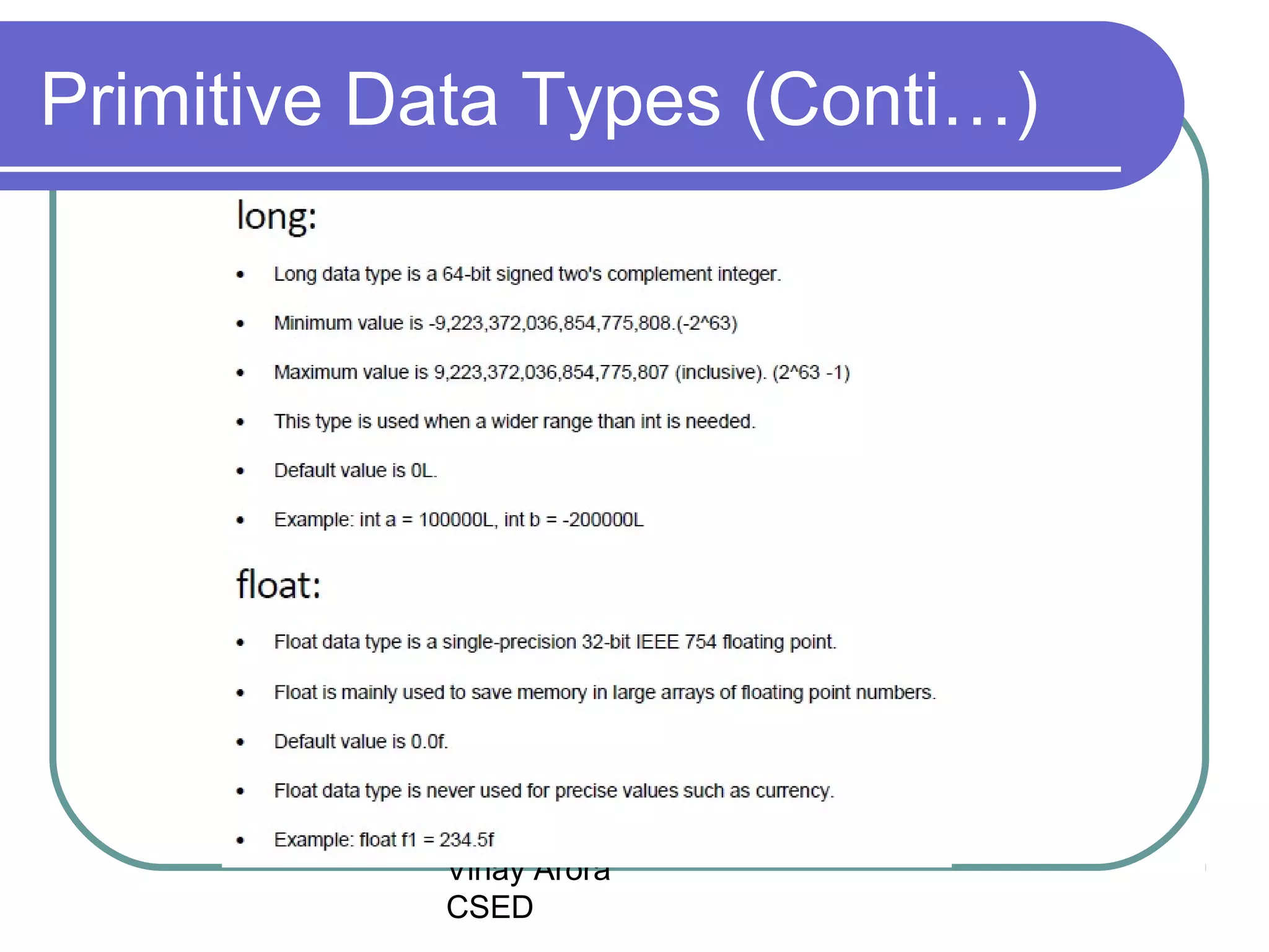 Vinay Arora
CSED
Primitive Data Types (Conti…)
 