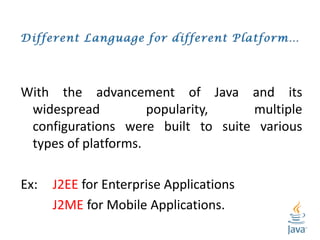 With the advancement of Java and its
widespread popularity, multiple
configurations were built to suite various
types of p...