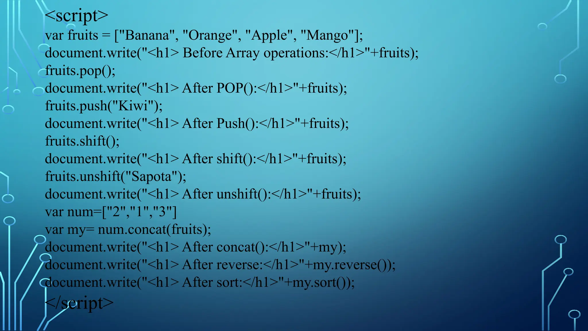 &lt;script&gt;
var fruits = [&quot;Banana&quot;, &quot;Orange&quot;, &quot;Apple&quot;, &quot;Mango&quot;];
document.write(&quot;&lt;h1&gt; Before Array operations:&lt;/h1&gt;&quot;+fruits);
fruits.pop();
document.write(&quot;&lt;h1&gt; After POP():&lt;/h1&gt;&quot;+fruits);
fruits.push(&quot;Kiwi&quot;);
document.write(&quot;&lt;h1&gt; After Push():&lt;/h1&gt;&quot;+fruits);
fruits.shift();
document.write(&quot;&lt;h1&gt; After shift():&lt;/h1&gt;&quot;+fruits);
fruits.unshift(&quot;Sapota&quot;);
document.write(&quot;&lt;h1&gt; After unshift():&lt;/h1&gt;&quot;+fruits);
var num=[&quot;2&quot;,&quot;1&quot;,&quot;3&quot;]
var my= num.concat(fruits);
document.write(&quot;&lt;h1&gt; After concat():&lt;/h1&gt;&quot;+my);
document.write(&quot;&lt;h1&gt; After reverse:&lt;/h1&gt;&quot;+my.reverse());
document.write(&quot;&lt;h1&gt; After sort:&lt;/h1&gt;&quot;+my.sort());
&lt;/script&gt;
 