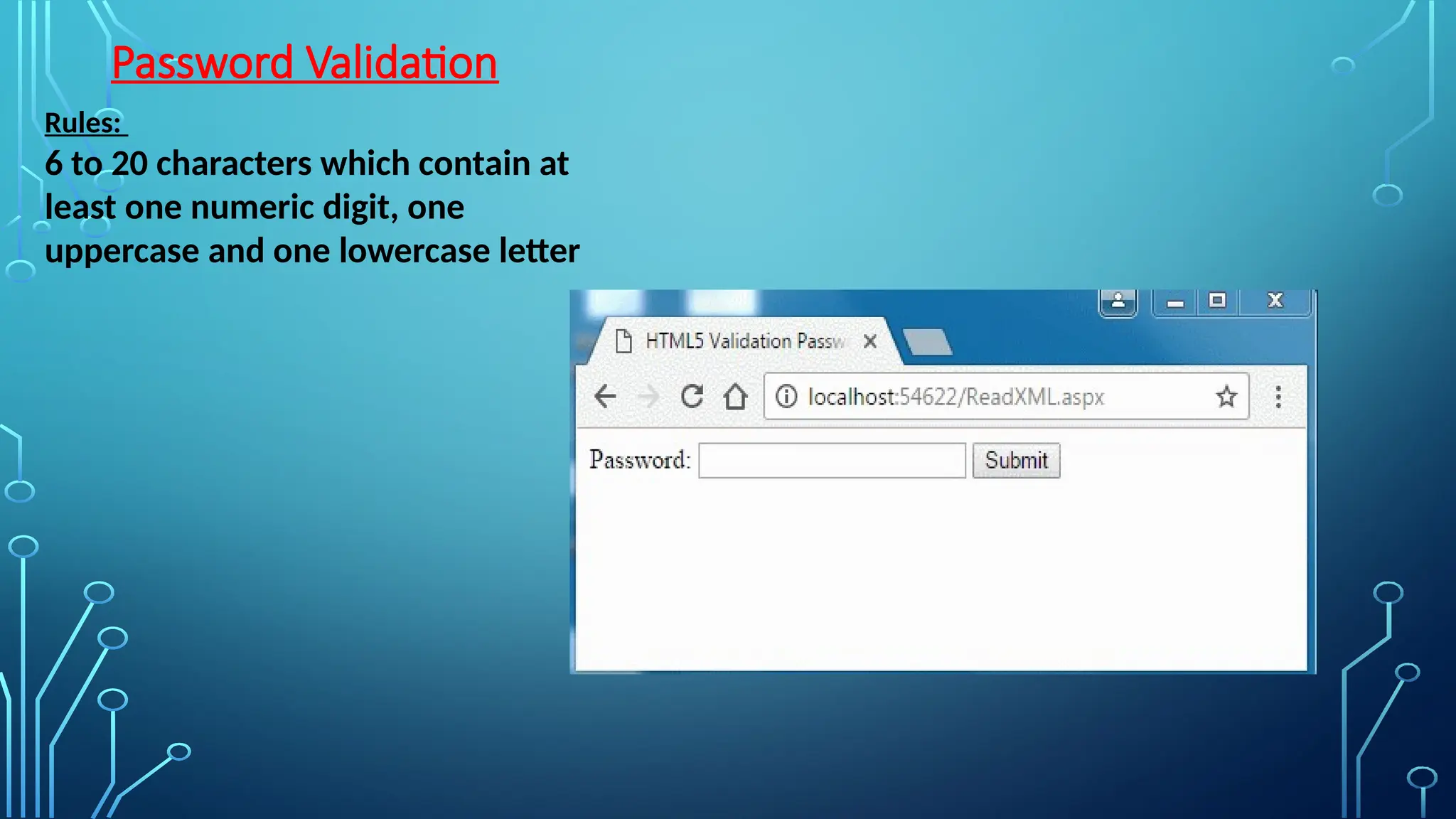 Password Validation
Rules:
6 to 20 characters which contain at
least one numeric digit, one
uppercase and one lowercase letter
 
