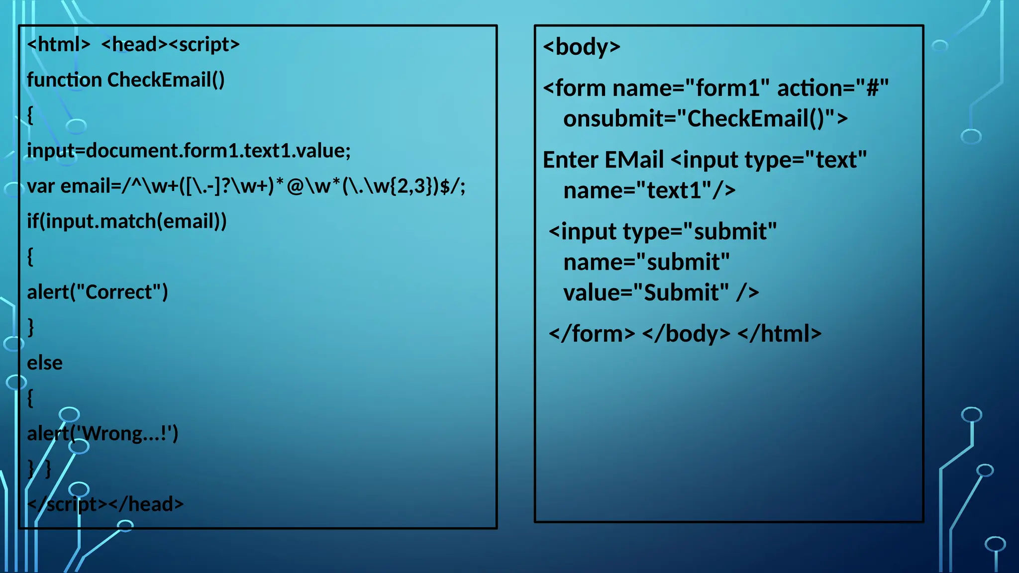 &lt;html&gt; &lt;head&gt;&lt;script&gt;
function CheckEmail()
{
input=document.form1.text1.value;
var email=/^w+([.-]?w+)*@w*(.w{2,3})$/;
if(input.match(email))
{
alert(&quot;Correct&quot;)
}
else
{
alert(&#x27;Wrong...!&#x27;)
} }
&lt;/script&gt;&lt;/head&gt;
&lt;body&gt;
&lt;form name=&quot;form1&quot; action=&quot;#&quot;
onsubmit=&quot;CheckEmail()&quot;&gt;
Enter EMail &lt;input type=&quot;text&quot;
name=&quot;text1&quot;/&gt;
&lt;input type=&quot;submit&quot;
name=&quot;submit&quot;
value=&quot;Submit&quot; /&gt;
&lt;/form&gt; &lt;/body&gt; &lt;/html&gt;
 