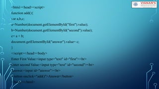 <html><head><script>
function add(){
var a,b,c;
a=Number(document.getElementById("first").value);
b=Number(document.getElementById("second").value);
c= a + b;
document.getElementById("answer").value= c;
}
</script></head><body>
Enter First Value:<input type="text" id="first"><br>
Enter second Value:<input type="text" id="second"><br>
Answer:<input id="answer"><br>
<button onclick="add()">Answer</button>
</body></html>
 