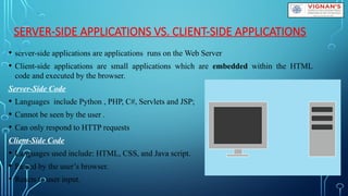 SERVER-SIDE APPLICATIONS VS. CLIENT-SIDE APPLICATIONS
• server-side applications are applications runs on the Web Server
• Client-side applications are small applications which are embedded within the HTML
code and executed by the browser.
Server-Side Code
• Languages include Python , PHP, C#, Servlets and JSP;
• Cannot be seen by the user .
• Can only respond to HTTP requests
Client-Side Code
• Languages used include: HTML, CSS, and Java script.
• Parsed by the user’s browser.
• Reacts to user input.
 
