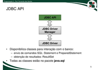 Programação II - Prof. Fernando dos Santos




   JDBC API

                                              JDBC API



                                             JDBC Driver
                                              Manager



                                             JDBC Driver

   • Disponibiliza classes para interação com o banco:
          – envio de comandos SQL: Statement e PreparedStatement
          – obtenção de resultados: ResultSet
   • Todas as classes estão no pacote java.sql

                                                                   5
 