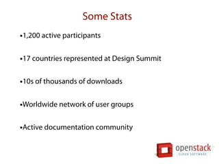 Some Stats
•1,200 active participants

•17 countries represented at Design Summit

•10s of thousands of downloads

•Worldwide network of user groups

•Active documentation community
 