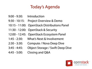 Today’s Agenda

9:00 - 9:30:     Introduction
9:30 - 10:15:    Project Overview & Demo
10:15 - 11:00:    OpenStack Distributions Panel
11:30 - 12:00:    OpenStack & Security
12:00 - 12:45:    OpenStack Ecosystem Panel
1:45 - 2:30:     What’s Next & Involvement
2:30 - 3:30:     Compute / Nova Deep Dive
3:45 - 4:45:     Object Storage / Swift Deep Dive
4:45 - 5:00:     Closing and Q&A
 