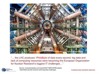 Source: http://www.docuciencia.es/2009/05/lhc-el-acelerador-de-particulas/



“… the LHC produces 1PetaByte of data every second, big data and
lack of computing resources were becoming the European Organization
for Nuclear Research’s biggest IT challenges…”
       Source: computerweekly.com/news/2240173897/CERN-adopts
       -OpenStack-private-cloud-to-solve-big-data-challenges
 