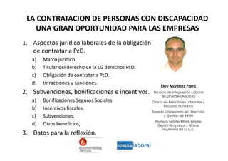 LA CONTRATACION DE PERSONAS CON DISCAPACIDAD
UNA GRAN OPORTUNIDAD PARA LAS EMPRESAS
1. Aspectos jurídico laborales de la obligación
de contratar a PcD.
a) Marco jurídico.
b) Titular del derecho de la LG derechos PcD.
c) Obligación de contratar a PcD.
d) Infracciones y sanciones.
2. Subvenciones, bonificaciones e incentivos.
a) Bonificaciones Seguros Sociales.
b) Incentivos fiscales.
c) Subvenciones.
d) Otros beneficios,
3. Datos para la reflexión.
Eloy Martínez Parra
Técnico de Integración Laboral
en UPAPSA LABORAL
Grado en Relaciones Laborales y
Recursos Humanos
Experto Universitario en Dirección
y Gestión de RRHH
Profesor Máster RRHH, Máster
Gestión Empresas y Máster
Hostelería de la U.A.
 