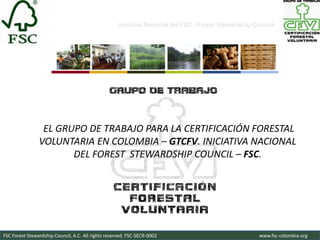 Iniciativa Nacional del FSC –Forest Stewardship Council-




                 EL GRUPO DE TRABAJO PARA LA CERTIFICACIÓN FORESTAL
                VOLUNTARIA EN COLOMBIA – GTCFV. INICIATIVA NACIONAL
                       DEL FOREST STEWARDSHIP COUNCIL – FSC.




FSC Forest Stewardship Council, A.C. All rights reserved. FSC-SECR-0002                               www.fsc-colombia.org
 