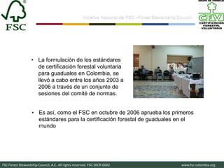 Iniciativa Nacional del FSC –Forest Stewardship Council-




                   • La formulación de los estándares
                     de certificación forestal voluntaria
                     para guaduales en Colombia, se
                     llevó a cabo entre los años 2003 a
                     2006 a través de un conjunto de
                     sesiones del comité de normas.


                   • Es así, como el FSC en octubre de 2006 aprueba los primeros
                     estándares para la certificación forestal de guaduales en el
                     mundo




FSC Forest Stewardship Council, A.C. All rights reserved. FSC-SECR-0002                               www.fsc-colombia.org
 