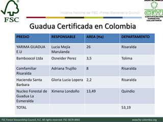 Iniciativa Nacional del FSC –Forest Stewardship Council-



                         Guadua Certificada en Colombia
             PREDIO                          RESPONSABLE                  AREA (Ha)           DEPARTAMENTO

             YARIMA GUADUA                   Lucia Mejía                  26                  Risaralda
             E.U                             Marulanda
             Bamboocol Ltda                  Osneider Perez               3,5                 Tolima

             Comfamiliar                     Adriana Trujillo             8                   Risaralda
             Risaralda
             Hacienda Santa                  Gloria Lucia Lopera 2,2                          Risaralda
             Barbara
             Nucleo Forestal de              Ximena Londoño               13,49               Quindio
             Guadua La
             Esmeralda
             TOTAL                                                                            53,19

FSC Forest Stewardship Council, A.C. All rights reserved. FSC-SECR-0002                               www.fsc-colombia.org
 