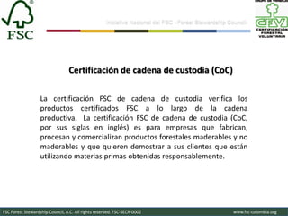 Iniciativa Nacional del FSC –Forest Stewardship Council-




                                 Certificación de cadena de custodia (CoC)

                   La certificación FSC de cadena de custodia verifica los
                   productos certificados FSC a lo largo de la cadena
                   productiva. La certificación FSC de cadena de custodia (CoC,
                   por sus siglas en inglés) es para empresas que fabrican,
                   procesan y comercializan productos forestales maderables y no
                   maderables y que quieren demostrar a sus clientes que están
                   utilizando materias primas obtenidas responsablemente.




FSC Forest Stewardship Council, A.C. All rights reserved. FSC-SECR-0002                               www.fsc-colombia.org
 