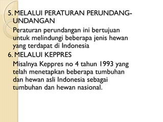 5. MELALUI PERATURAN PERUNDANG-
UNDANGAN
Peraturan perundangan ini bertujuan
untuk melindungi beberapa jenis hewan
yang terdapat di Indonesia
6. MELALUI KEPPRES
Misalnya Keppres no 4 tahun 1993 yang
telah menetapkan beberapa tumbuhan
dan hewan asli Indonesia sebagai
tumbuhan dan hewan nasional.
 