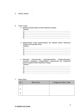 5. Ikhtisar Jabatan :
6. Uraian Tugas:
a. Membantu Bupati dalam Urusan Ketahanan Pangan
Tahapan :
1)..................................................................................................................
2)..................................................................................................................
3)..................................................................................................................
4)..................................................................................................................
5)..................................................................................................................
b. Melaksanakan fungsi kesekretariatan dan fasilitasi Dewan Ketahanan
Pangan dan Kelompok Kerja
Tahapan :
1)..................................................................................................................
2)..................................................................................................................
3)..................................................................................................................
4)..................................................................................................................
5)..................................................................................................................
c. Memimpin, merencanakan, mengorganisasikan, mengkoordinasikan,
membina, mengawasi, mengendalikan, mengevaluasi dan melaporkan
seluruh kegiatan Kantor Ketahanan Pangan
Tahapan :
1)..................................................................................................................
2)..................................................................................................................
3)..................................................................................................................
4)..................................................................................................................
5)..................................................................................................................
7. Bahan Kerja :
No Bahan Kerja Penggunaan Dalam Tugas
1.
2.
3.
2
PT SINERGI VISI UTAMA
 