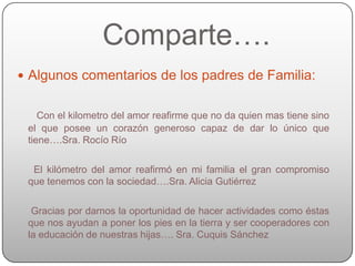 Comparte….
 Algunos comentarios de los padres de Familia:


    Con el kilometro del amor reafirme que no da quien mas tiene sino
 el que posee un corazón generoso capaz de dar lo único que
 tiene….Sra. Rocío Río

  El kilómetro del amor reafirmó en mi familia el gran compromiso
 que tenemos con la sociedad….Sra. Alicia Gutiérrez

  Gracias por darnos la oportunidad de hacer actividades como éstas
 que nos ayudan a poner los pies en la tierra y ser cooperadores con
 la educación de nuestras hijas…. Sra. Cuquis Sánchez
 
