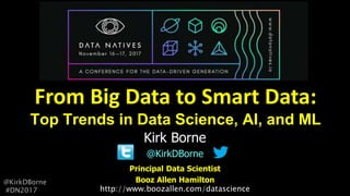 Principal Data Scientist
Booz Allen Hamilton
Kirk Borne
@KirkDBorne
From Big Data to Smart Data:
Top Trends in Data Science, AI, and ML
http://www.boozallen.com/datascience
@KirkDBorne
#DN2017
 