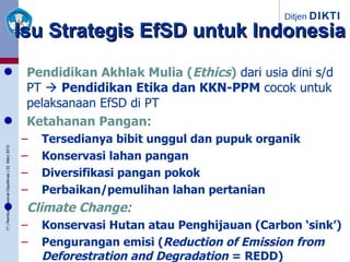Isu Strategis EfSD untuk Indonesia Pendidikan Akhlak Mulia ( Ethics )  dari usia dini s/d PT     Pendidikan Etika dan KKN-PPM  cocok untuk pelaksanaan EfSD di PT Ketahanan Pangan : Tersedianya bibit unggul dan pupuk organik Konservasi lahan pangan Diversifikasi pangan pokok Perbaikan/pemulihan lahan pertanian Climate Change : Konservasi Hutan atau Penghijauan (Carbon ‘sink’) Pengurangan emisi ( Reduction of Emission from Deforestration and Degradation  = REDD) 